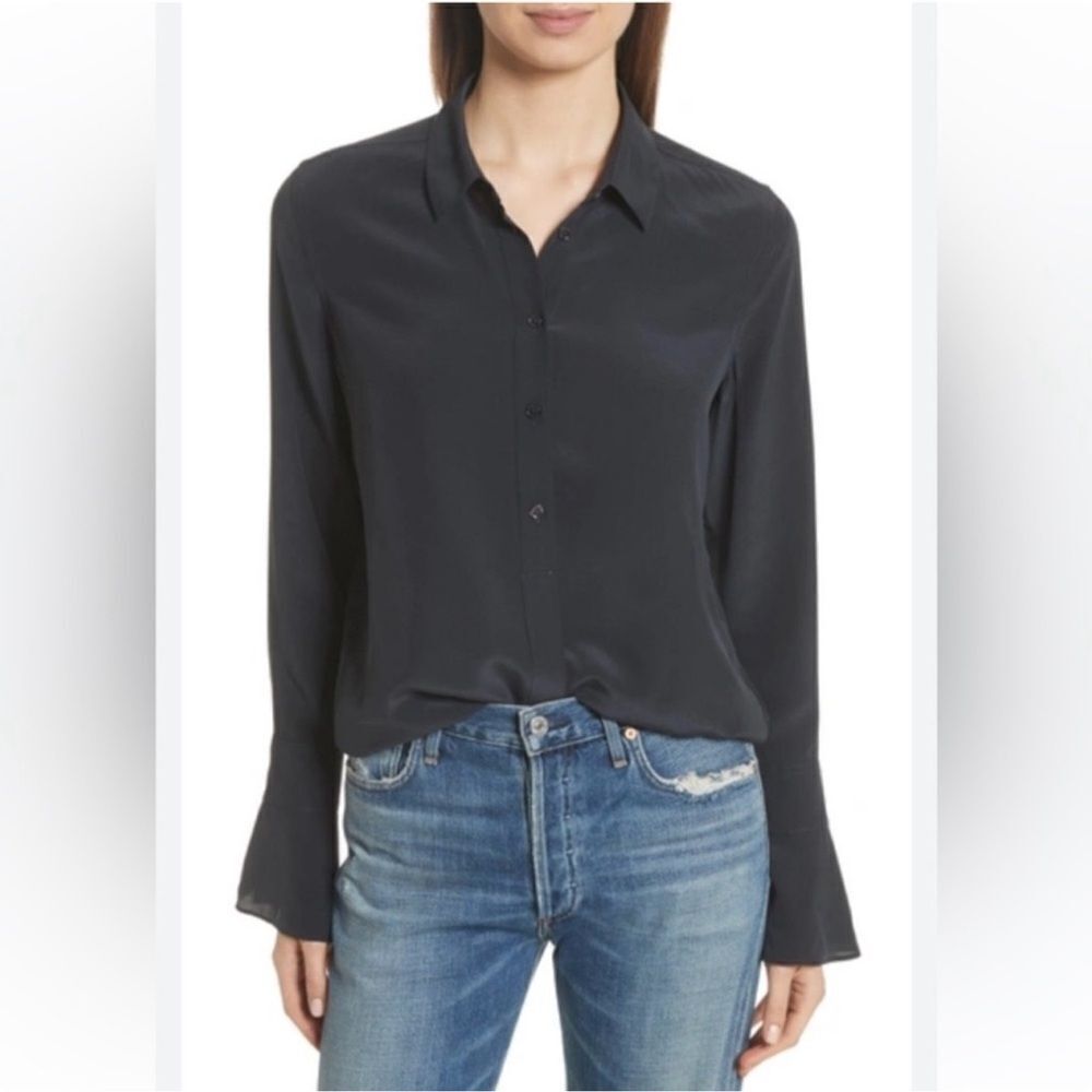 Equipment L Midnight Blue Daphne Bell Cuff Silk Button Down Long Sleeve Shirt